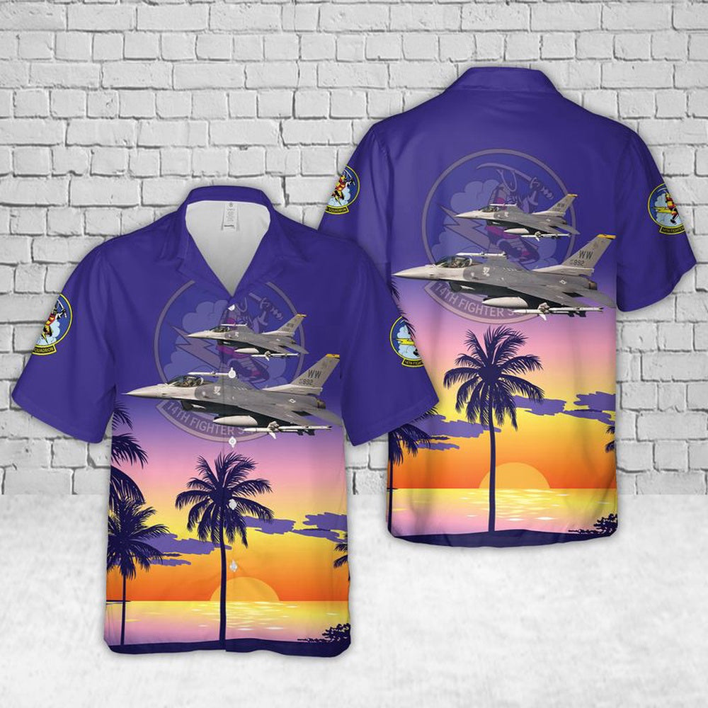Air Force Hawaiian Shirt, US Air Force 14th Fighter Squadron F-16C block 50 #92-3892 Hawaiian Shirt, Airplane Hawaiian Shirt, Military Aloha Shirts