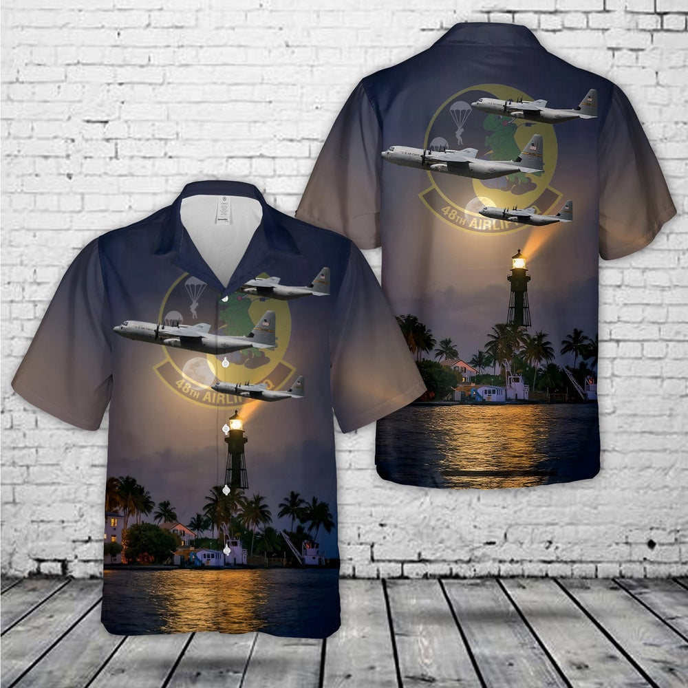 Air Force Hawaiian Shirt, US Air Force 48th Airlift Squadron C-130J-30 Hercules Hawaiian Shirt, Airplane Hawaiian Shirt, Military Aloha Shirts