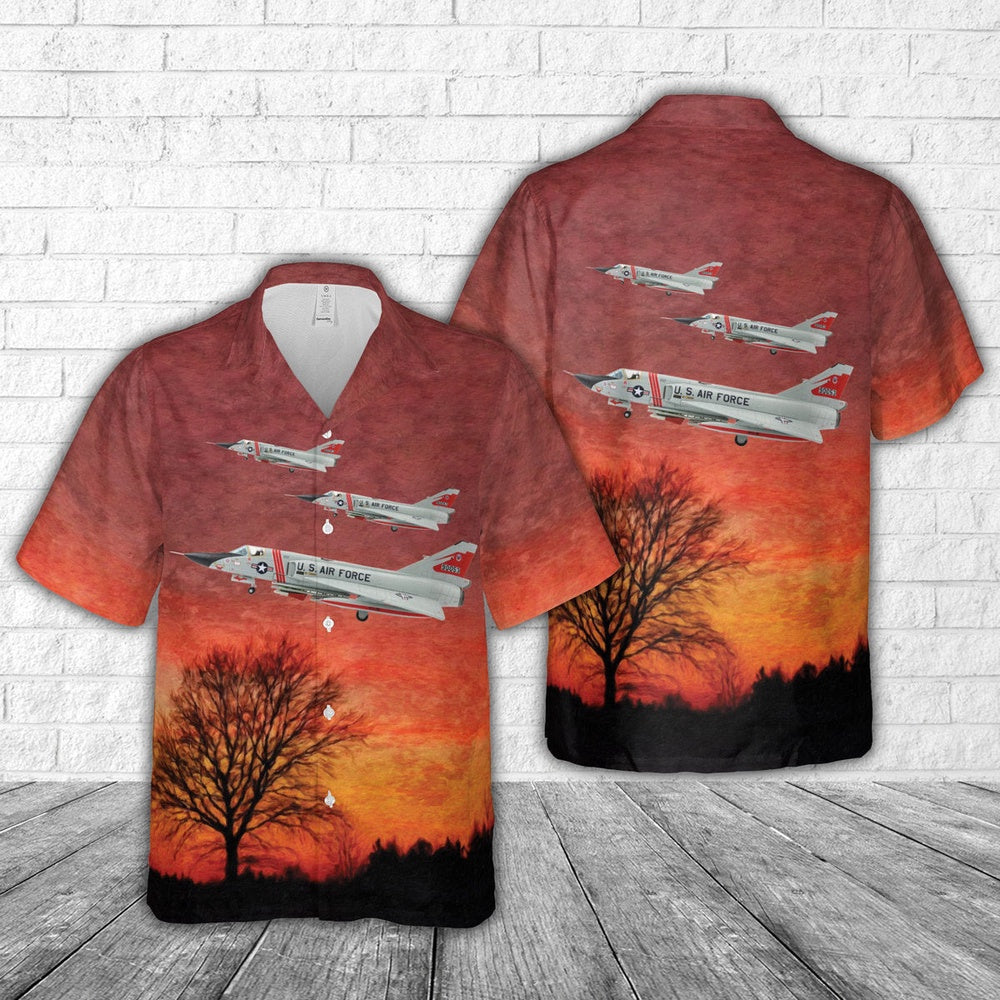 Air Force Hawaiian Shirt, US Air Force 87th FIS Red Bulls Convair F-106A Delta Dart Hawaiian Shirt, Airplane Hawaiian Shirt, Military Aloha Shirts