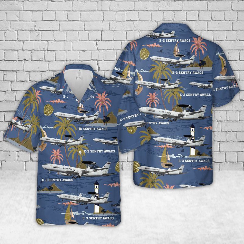Air Force Hawaiian Shirt, US Air Force E-3 Sentry AWACS Hawaiian Shirt, Airplane Hawaiian Shirt, Military Aloha Shirts