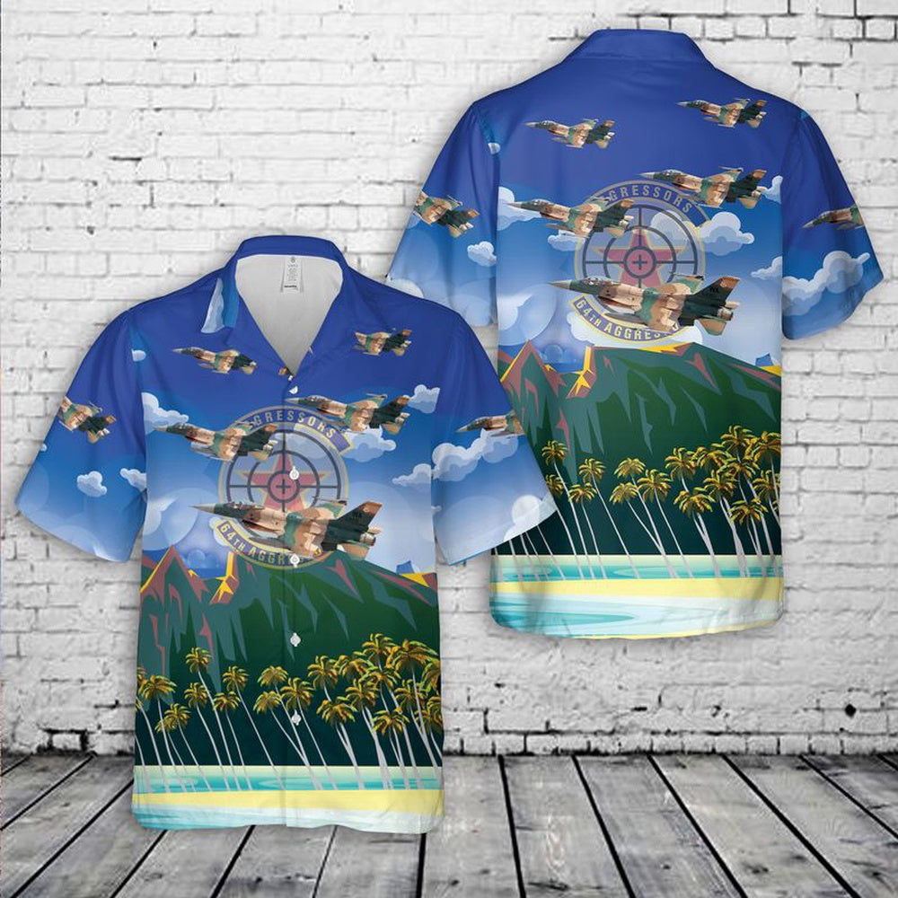 Air Force Hawaiian Shirt, US Air Force General Dynamics F-16C Of 64th Aggressor Squadron Gomers Hawaiian Shirt, Airplane Hawaiian Shirt