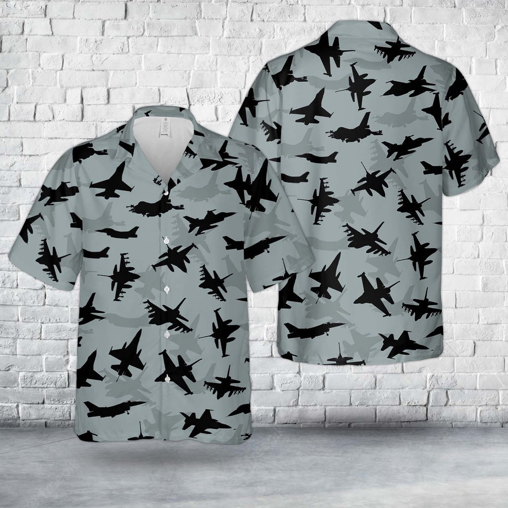 Air Force Hawaiian Shirt, US Air Force General Dynamics F-16 Fighting Falcon Aircraft Silhouettes Hawaiian Shirt, Airplane Hawaiian Shirt
