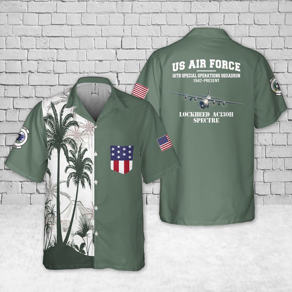Air Force Hawaiian Shirt, US Air Force Lockheed AC-130H 16th Special Operations Squadron Pocket Hawaiian Shirt, Airplane Hawaiian Shirt