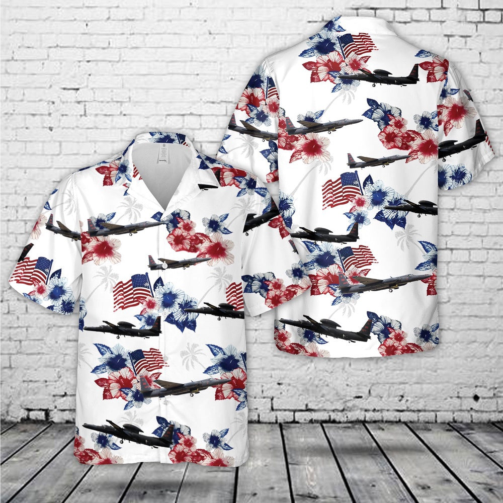 Air Force Hawaiian Shirt, US Air Force Lockheed U-2S Dragon Lady Red White Blue Flag Floral Hawaiian Shirt, Airplane Hawaiian Shirt