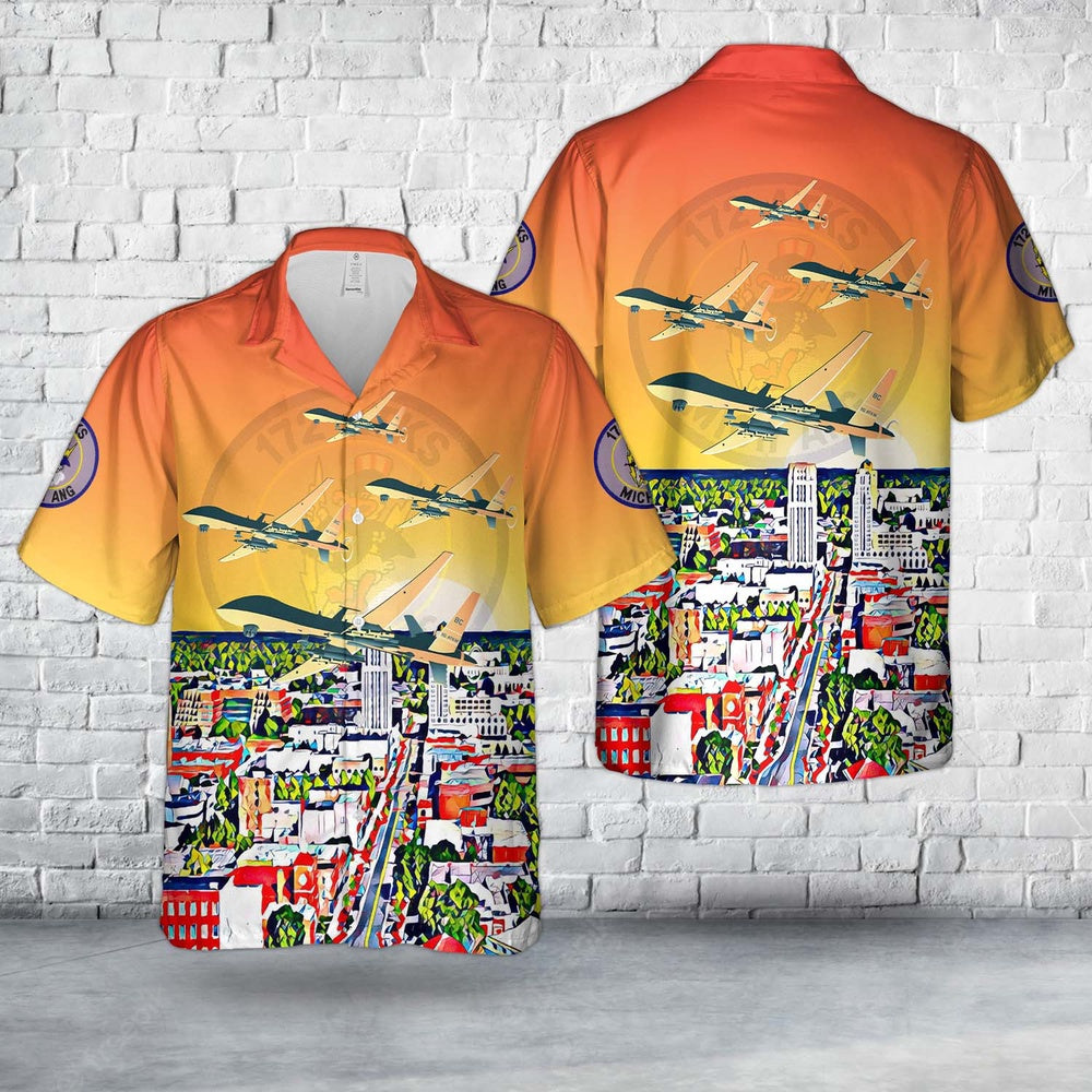 Air Force Hawaiian Shirt, US Air Force Michigan Air National Guard 172nd Attack Squadron MQ-9 Reaper Hawaiian Shirt, Airplane Hawaiian Shirt