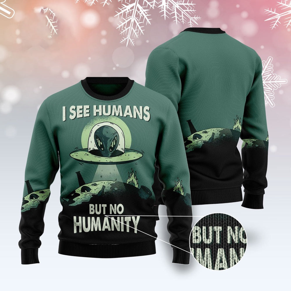 Alien No Humanity Ugly Christmas Sweater, Funny Xmas Sweater, Sweater Xmas