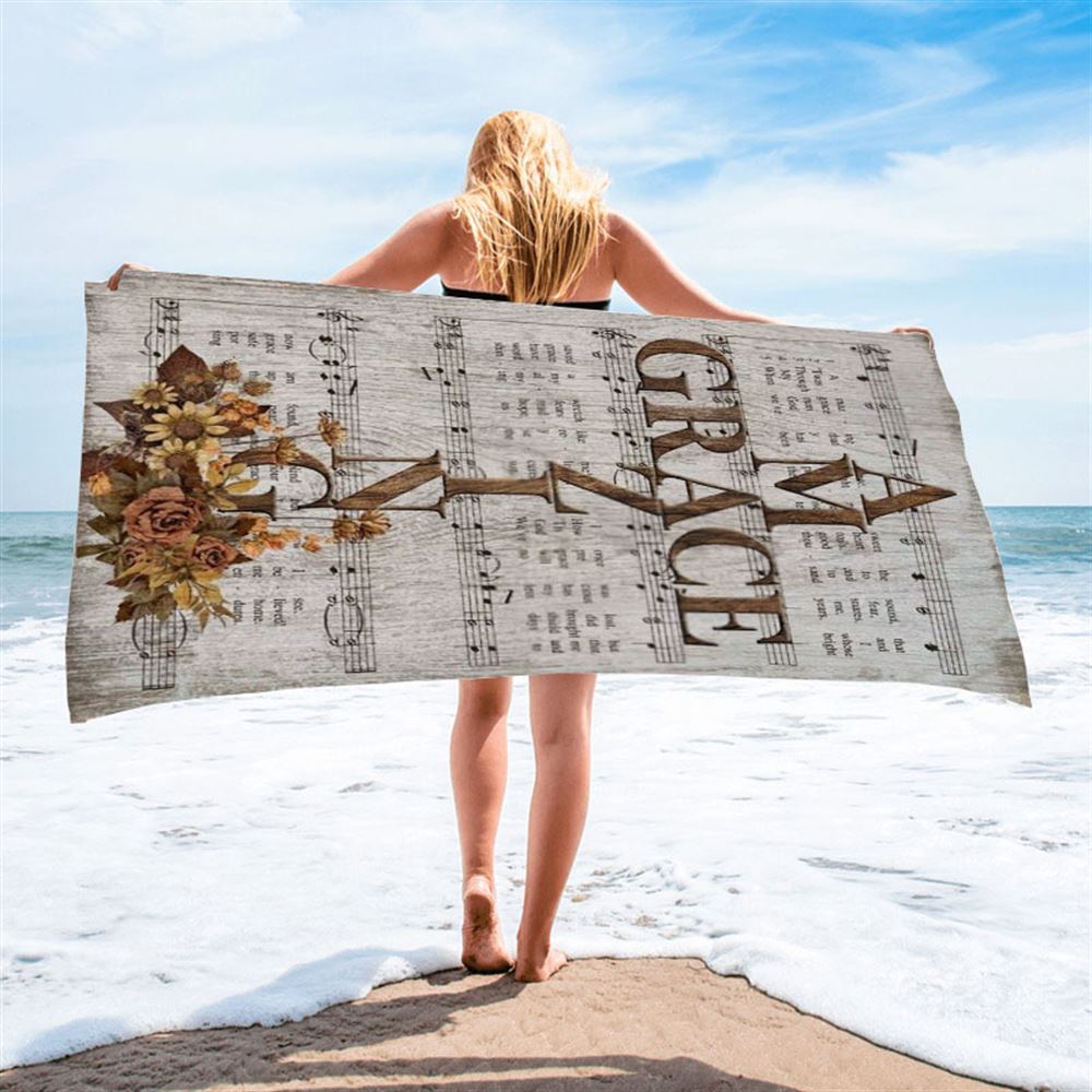 Amazing Grace Song Vintage Flower Jesus Cross Beach Towel, Christian Beach Towel, Christian Gift, Gift For Women
