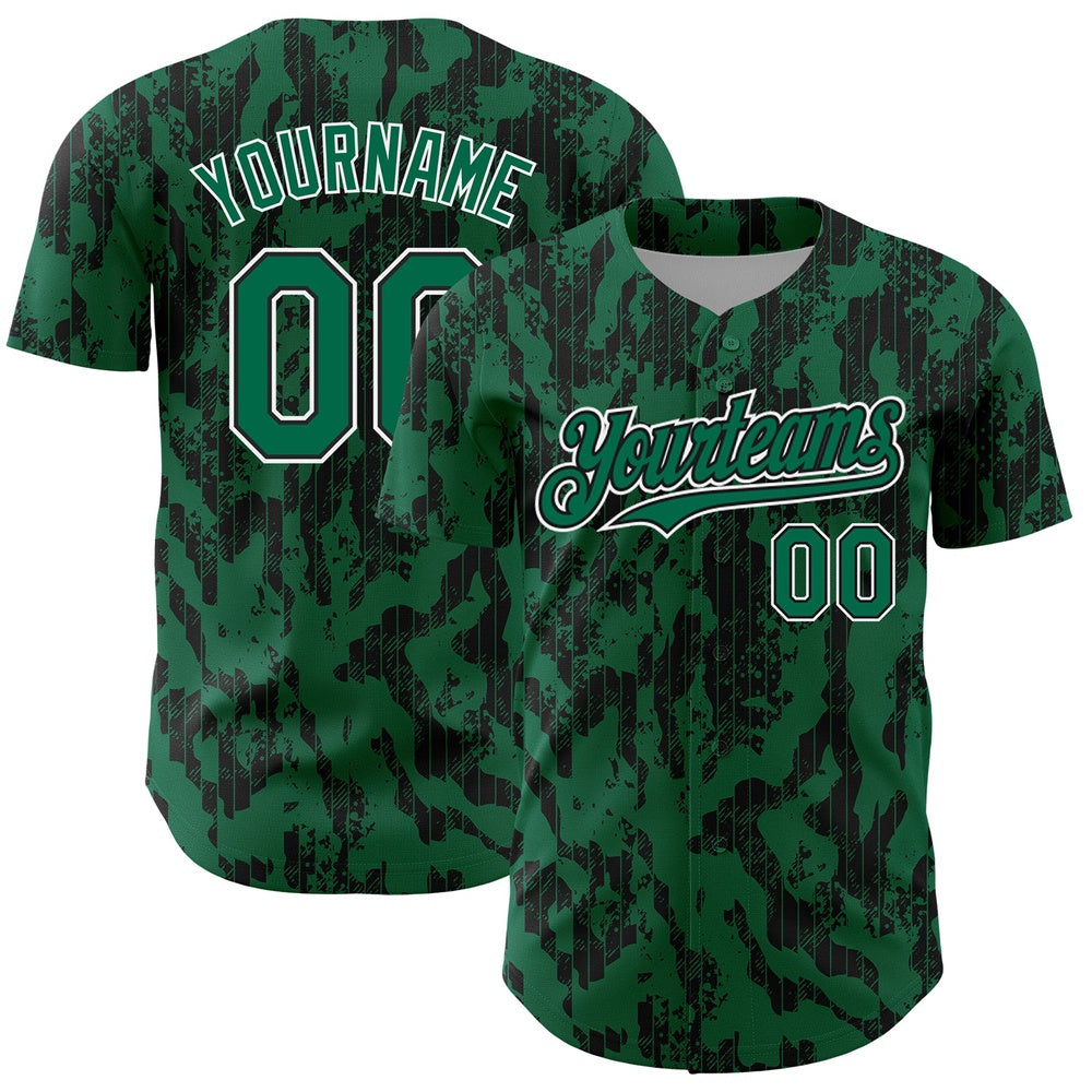 American Baseball Jersey, Custom Kelly Green Black White 3D Pattern Design Abstract Fluid Authentic Baseball Jersey