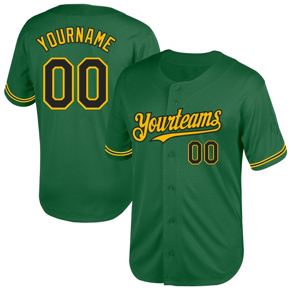 American Baseball Jersey, Custom Kelly Green Black Yellow Mesh Authentic Throwback Baseball Jersey, Baseball Jersey Name