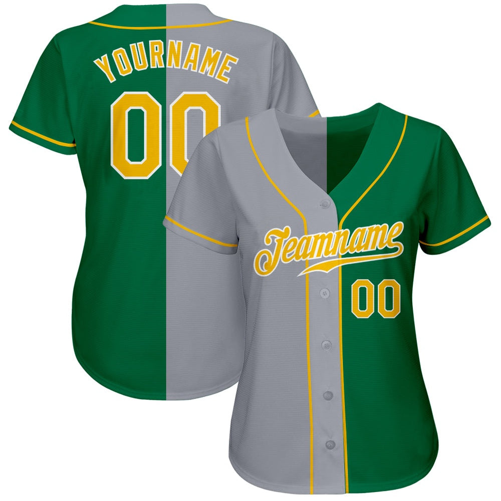American Baseball Jersey, Custom Kelly Green Gold Gray Authentic Split Fashion Baseball Jersey, Baseball Jersey Name