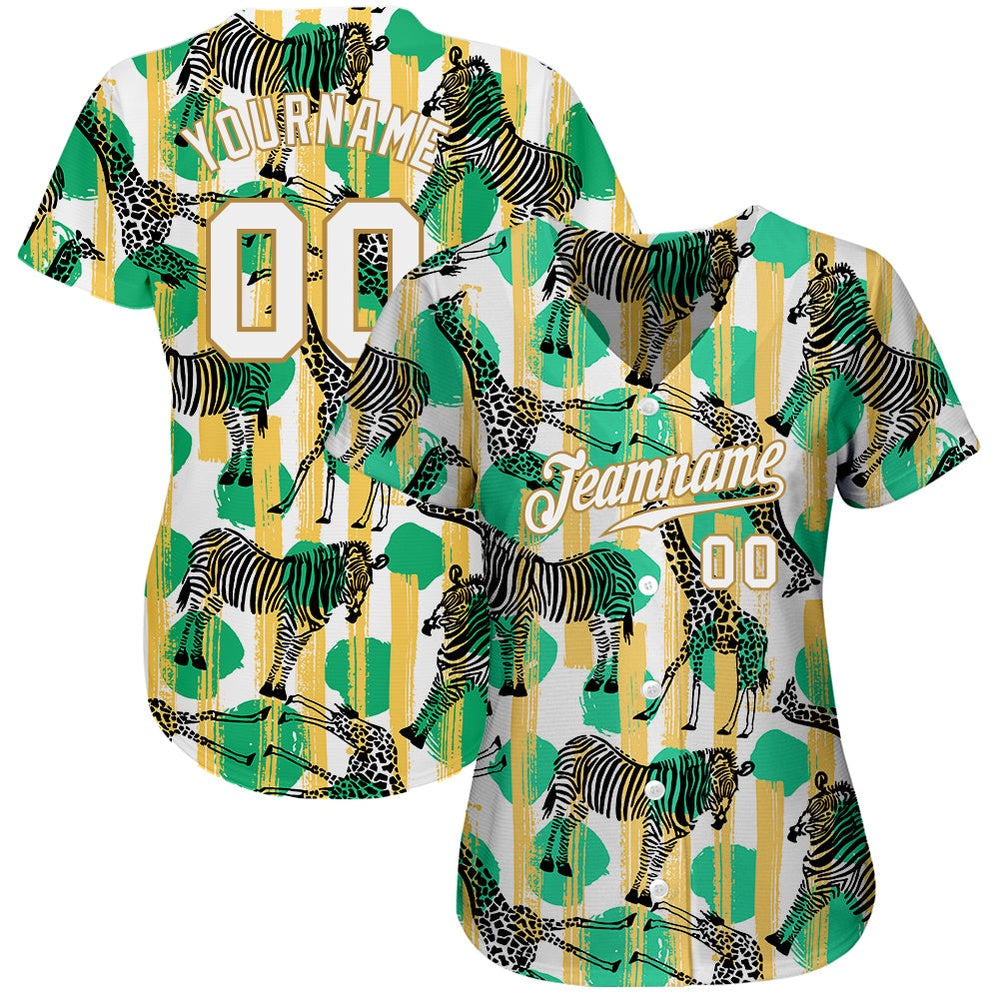 American Baseball Jersey, Custom Kelly Green White Old Gold 3D Pattern Design Zebras And Giraffes Authentic Baseball Jersey