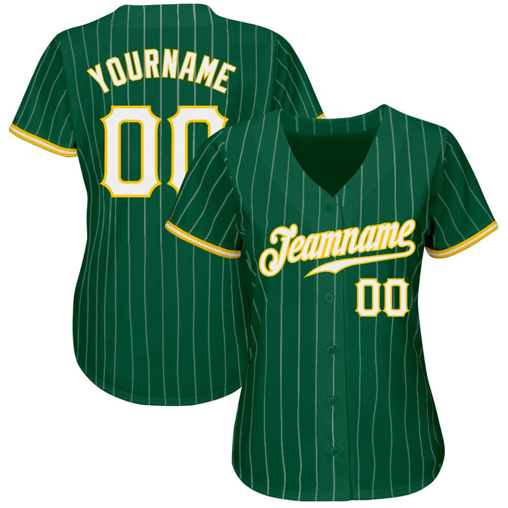American Baseball Jersey, Custom Kelly Green White Pinstripe White Gold Authentic Baseball Jersey, Baseball Jersey Name