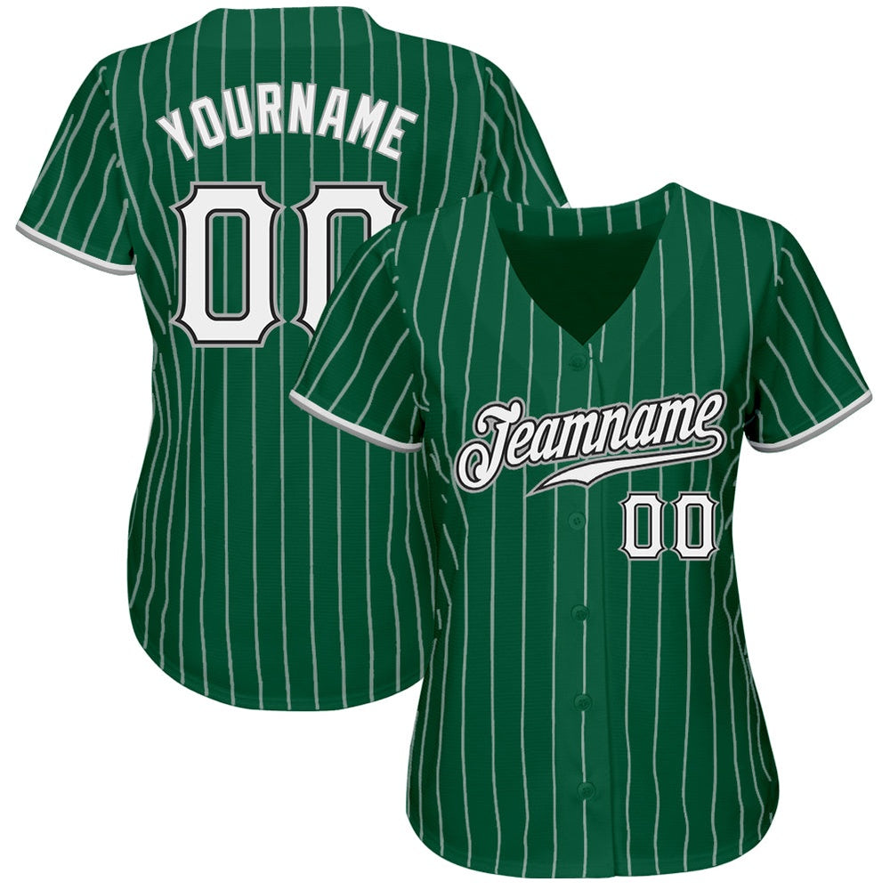 American Baseball Jersey, Custom Kelly Green White Pinstripe White Gray Authentic Baseball Jersey, Baseball Jersey Name