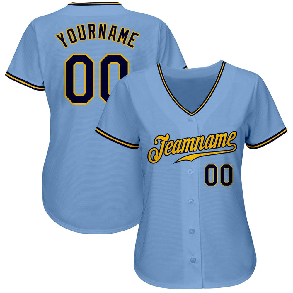 American Baseball Jersey, Custom Light Blue Navy Gold Authentic Baseball Jersey, Baseball Jersey Name