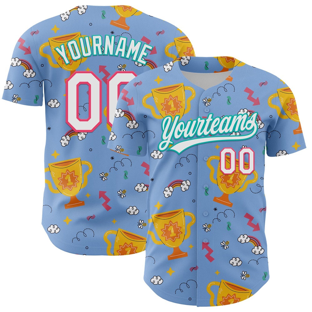 American Baseball Jersey, Custom Light Blue Neon Pink Aqua 3D Pattern Design Champion Trophy Authentic Baseball Jersey