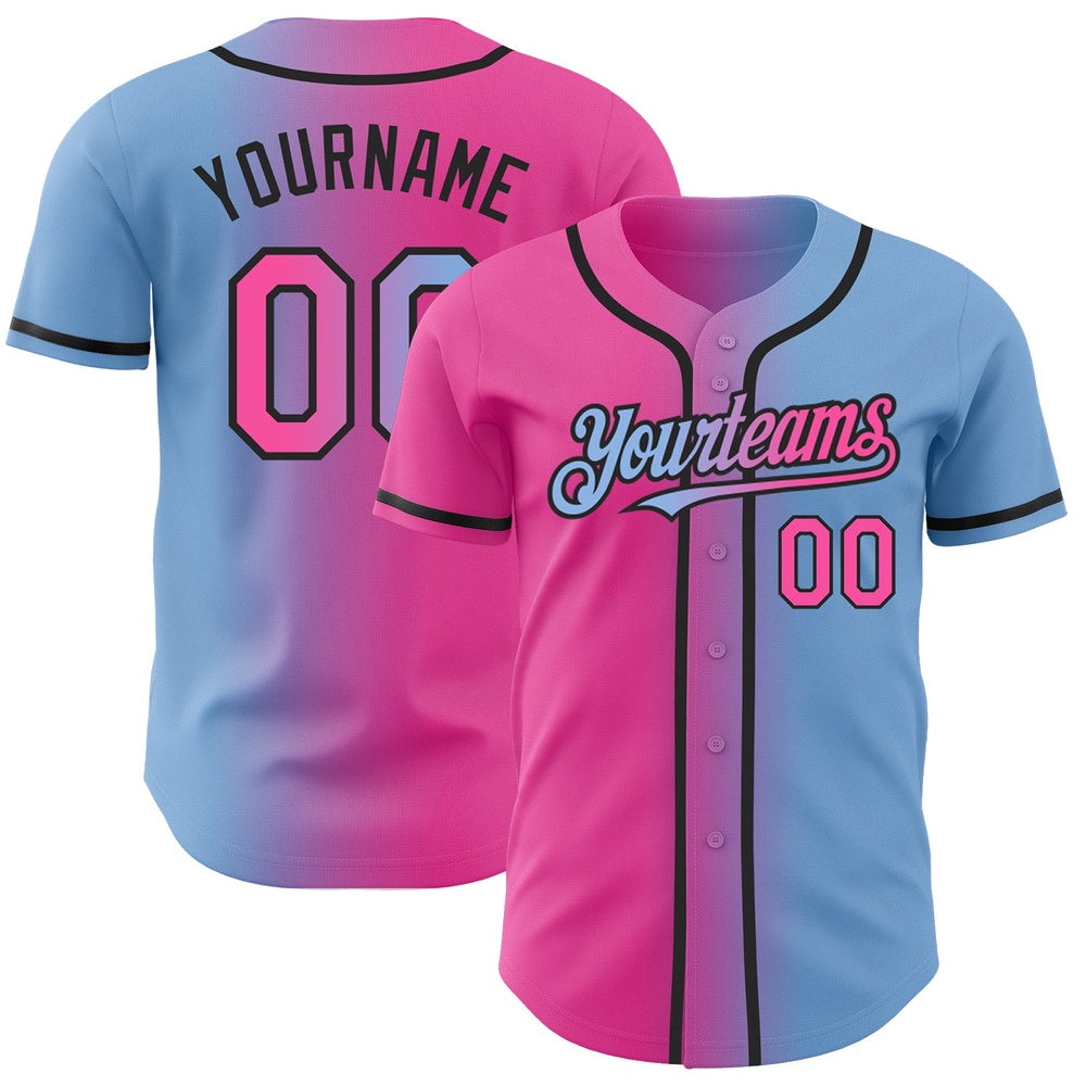American Baseball Jersey, Custom Light Blue Pink Black Authentic Gradient Fashion Baseball Jersey, Baseball Jersey Name