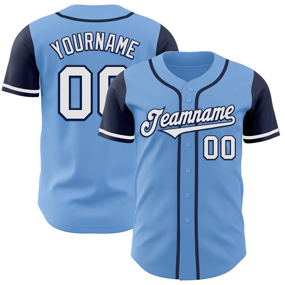 American Baseball Jersey, Custom Light Blue White Navy Authentic Two Tone Baseball Jersey, Baseball Jersey Name