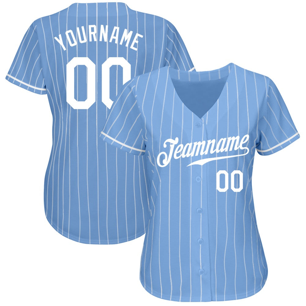 American Baseball Jersey, Custom Light Blue White Pinstripe White Authentic Baseball Jersey, Baseball Jersey Name