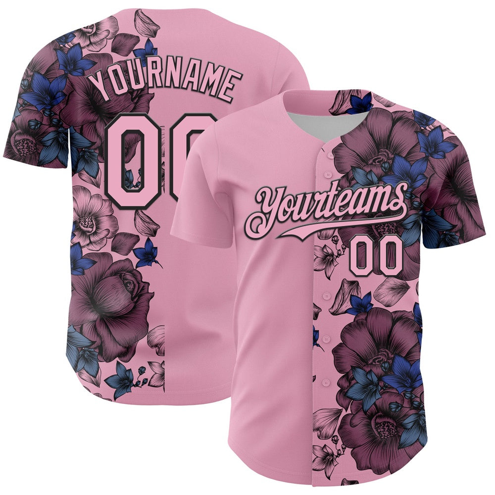 American Baseball Jersey, Custom Light Pink Black 3D Pattern Design Vintage Tattoos Authentic Baseball Jersey, Baseball Jersey Name