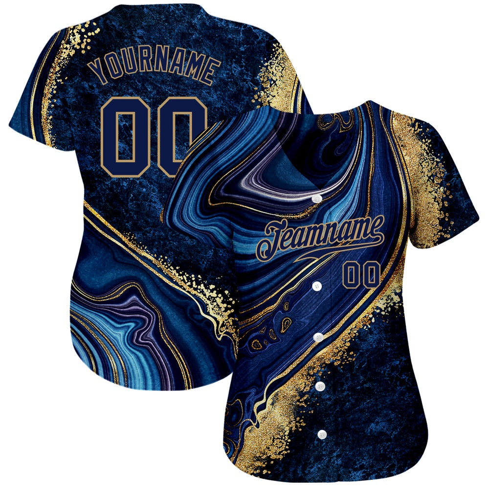 American Baseball Jersey, Custom Navy Navy Old Gold 3D Pattern Design Marble Authentic Baseball Jersey, Baseball Jersey Name