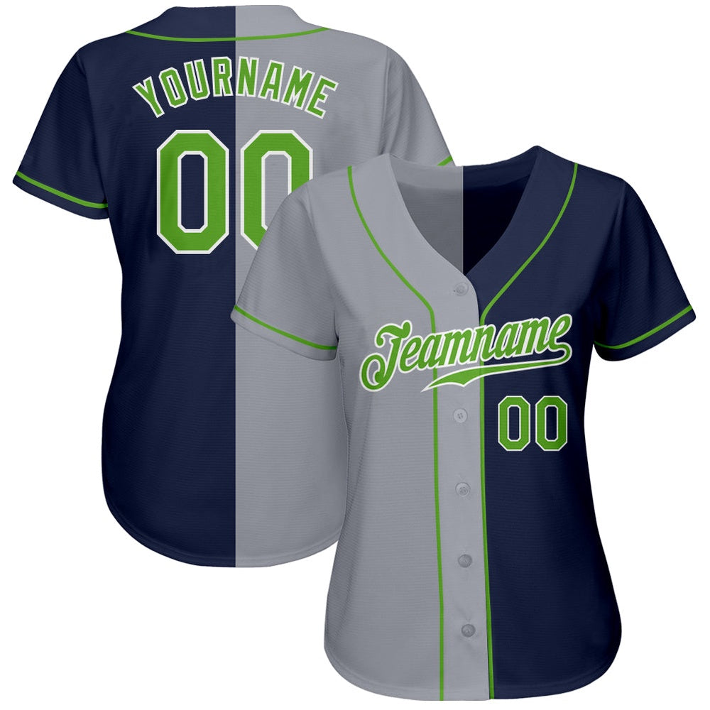 American Baseball Jersey, Custom Navy Neon Green Gray Authentic Split Fashion Baseball Jersey, Baseball Jersey Name