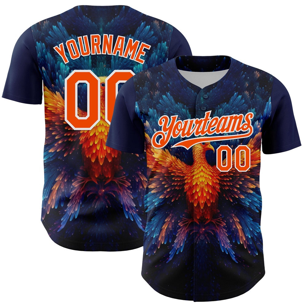 American Baseball Jersey, Custom Navy Orange White 3D Pattern Design Rave Phoenix Authentic Baseball Jersey, Baseball Jersey Name