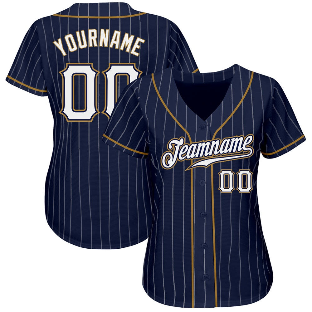 American Baseball Jersey, Custom Navy White Pinstripe White Old Gold Authentic Baseball Jersey, Baseball Jersey Name