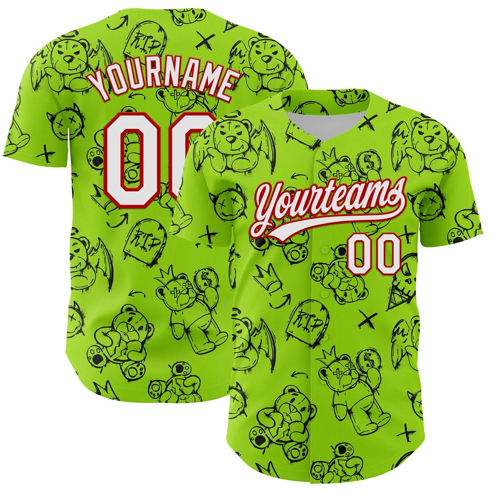 American Baseball Jersey, Custom Neon Green White Red 3D Pattern Halloween Authentic Baseball Jersey, Baseball Jersey Name