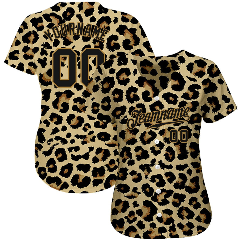 American Baseball Jersey, Custom Old Gold Black Old Gold 3D Pattern Design Leopard Authentic Baseball Jersey, Baseball Jersey Name