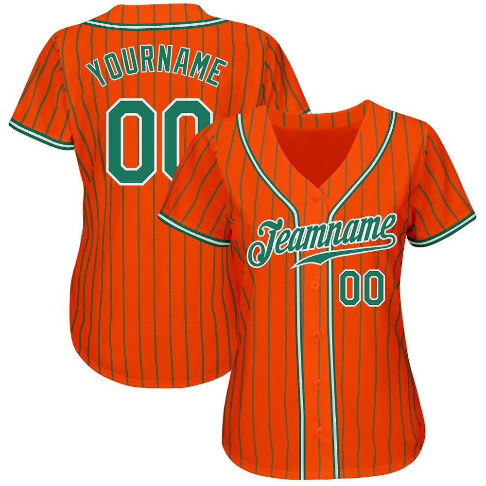 American Baseball Jersey, Custom Orange Kelly Green Pinstripe Kelly Green White Authentic Baseball Jersey, Baseball Jersey Name