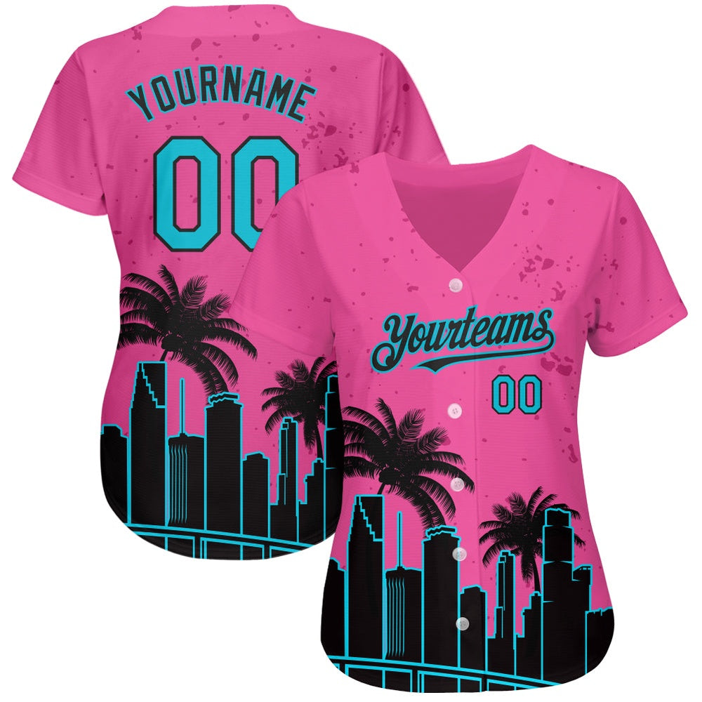 American Baseball Jersey, Custom Pink Lakes Blue Black 3D Miami Palm Trees City Edition Authentic Baseball Jersey, Baseball Jersey Name