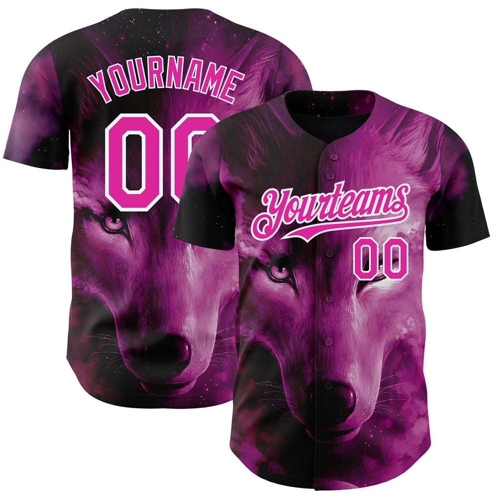 American Baseball Jersey, Custom Pink White 3D Pattern Design Animal Wolf Authentic Baseball Jersey, Baseball Jersey Name