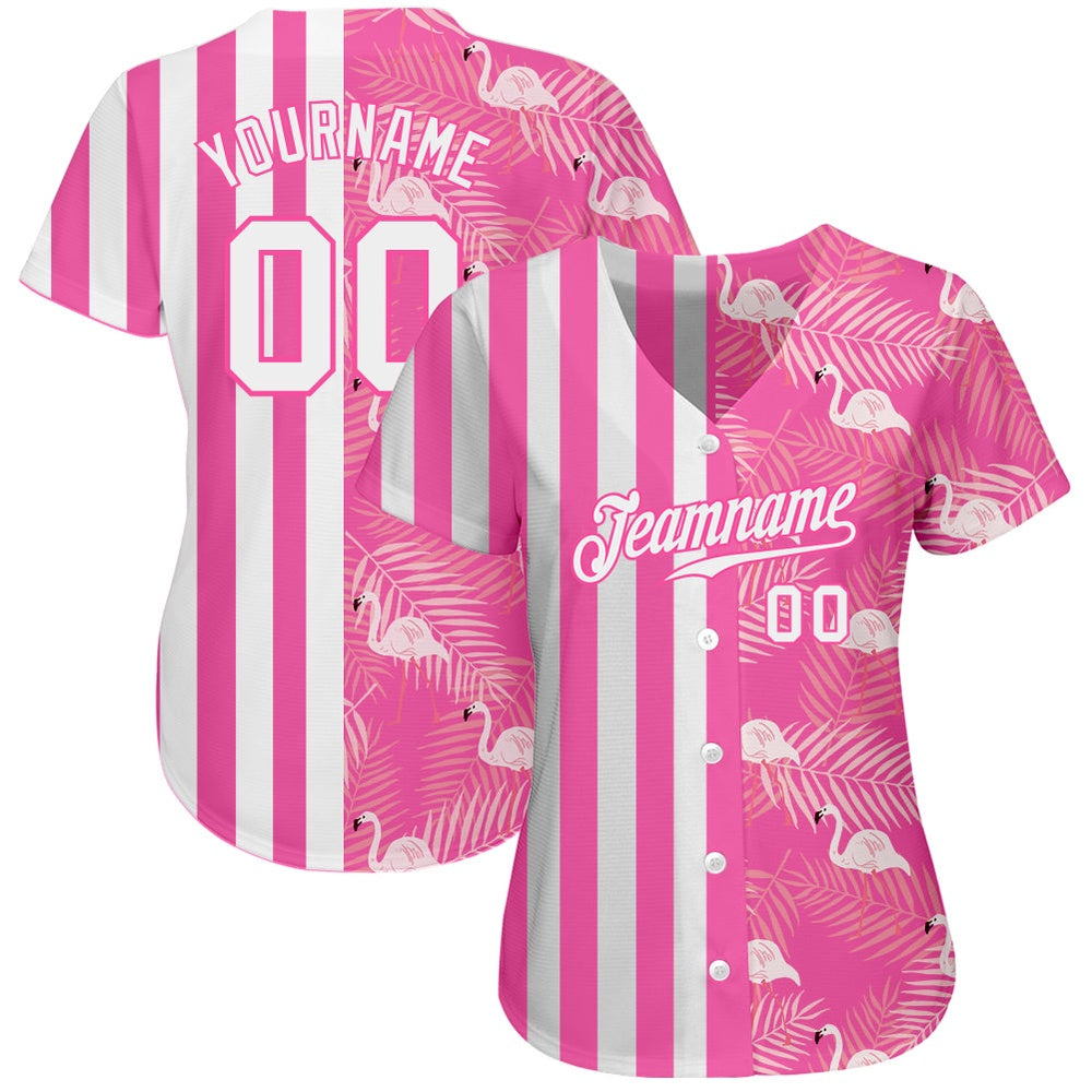 American Baseball Jersey, Custom Pink White 3D Pattern Design Tropical Palm Leaves And Famingo Authentic Baseball Jersey, Baseball Jersey Name