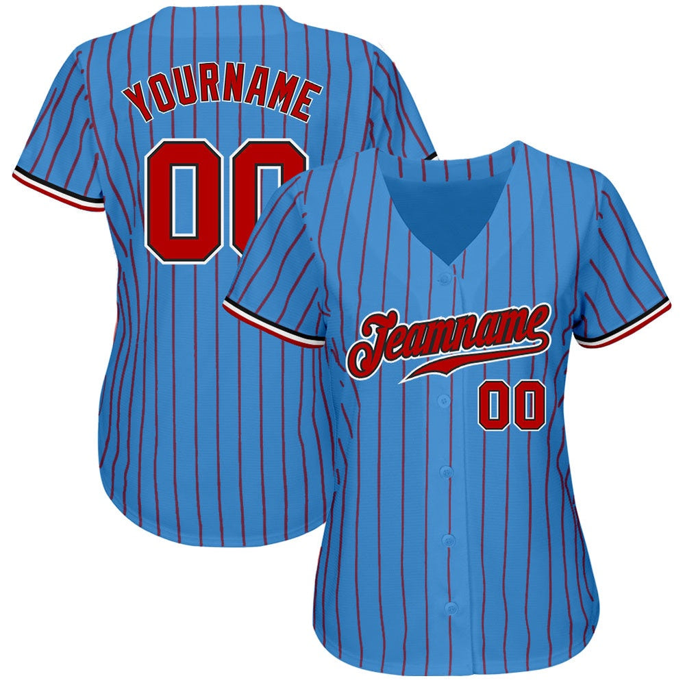 American Baseball Jersey, Custom Powder Blue Red Pinstripe Red Black Authentic Baseball Jersey, Baseball Jersey Name