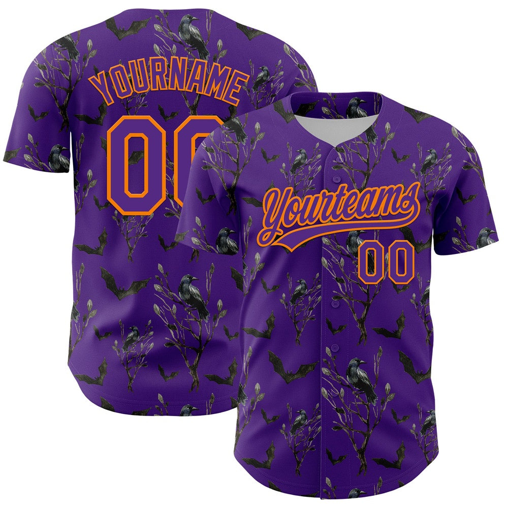 American Baseball Jersey, Custom Purple Bay Orange 3D Pattern Halloween Authentic Baseball Jersey, Baseball Jersey Name