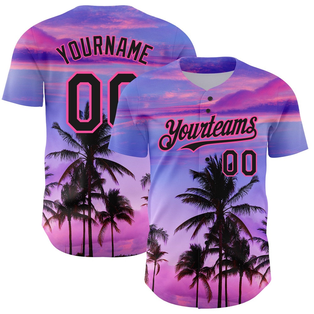 American Baseball Jersey, Custom Purple Black Pink 3D Pattern Design Hawaii Palm Trees Authentic Baseball Jersey, Baseball Jersey Name