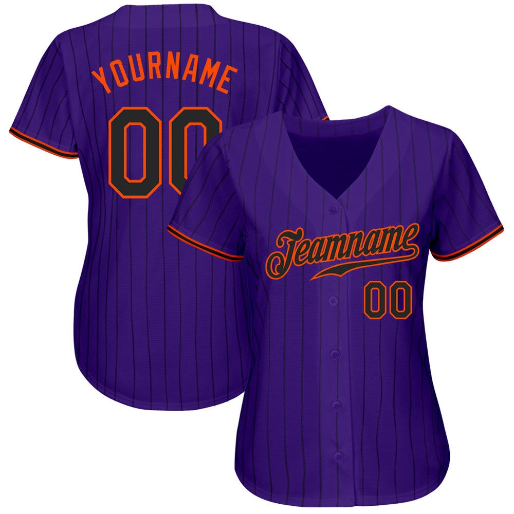 American Baseball Jersey, Custom Purple Black Pinstripe Black Orange Authentic Baseball Jersey, Baseball Jersey Name