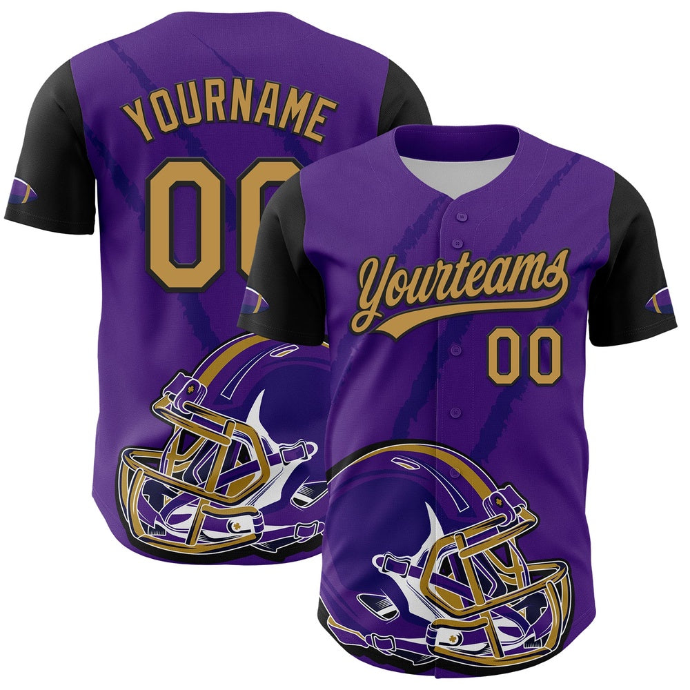 American Baseball Jersey, Custom Purple Old Gold Black 3D Pattern Design Football Helmet And Animal Claw Authentic Baseball Jersey, Baseball Jersey Name