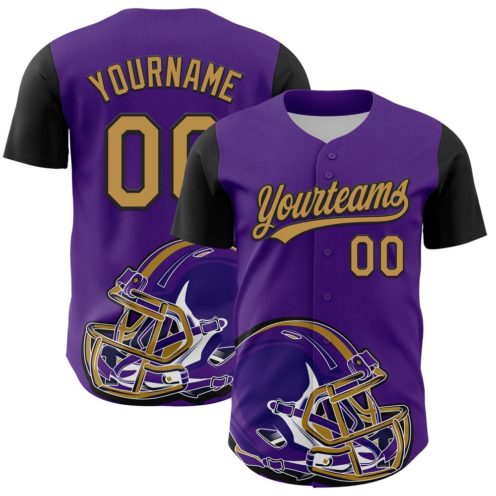 American Baseball Jersey, Custom Purple Old Gold Black 3D Pattern Design Football Helmet Authentic Baseball Jersey, Baseball Jersey Name