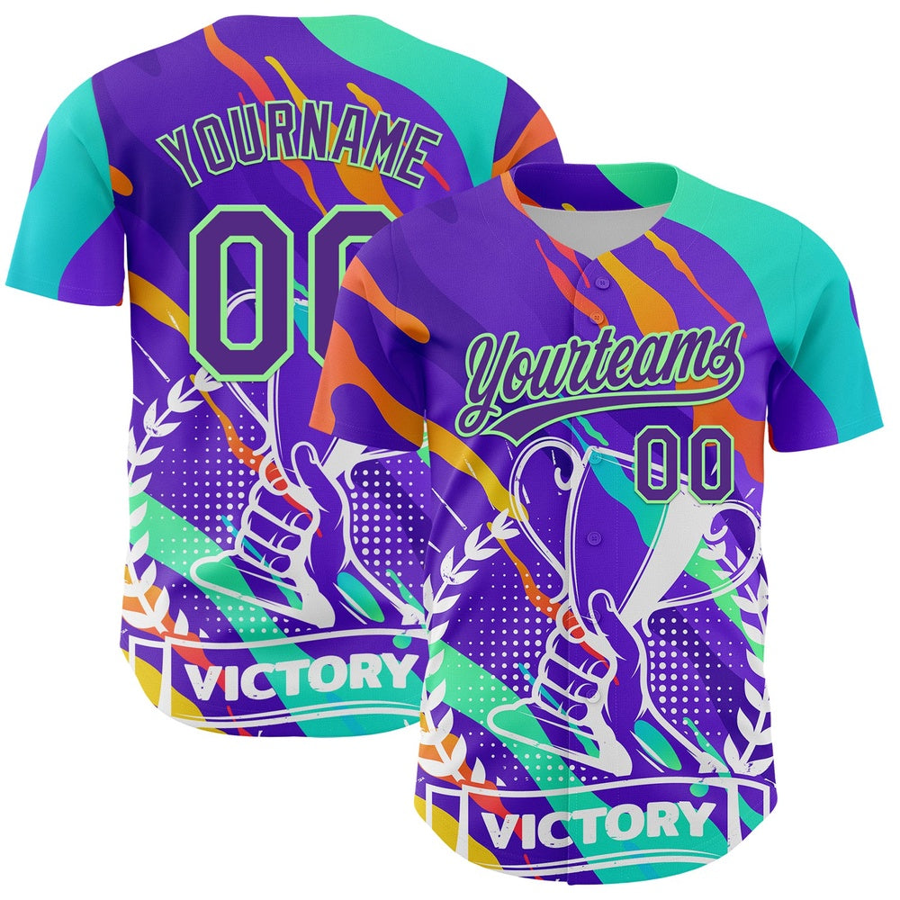 American Baseball Jersey, Custom Purple Pea Green 3D Pattern Design Champion Trophy Authentic Baseball Jersey, Baseball Jersey Name