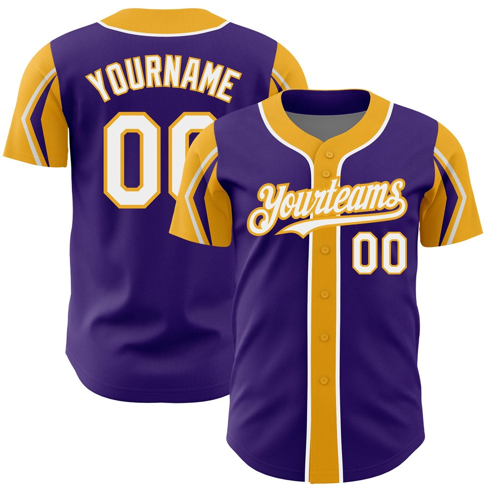 American Baseball Jersey, Custom Purple White Gold 3 Colors Arm Shapes Authentic Baseball Jersey, Baseball Jersey Name