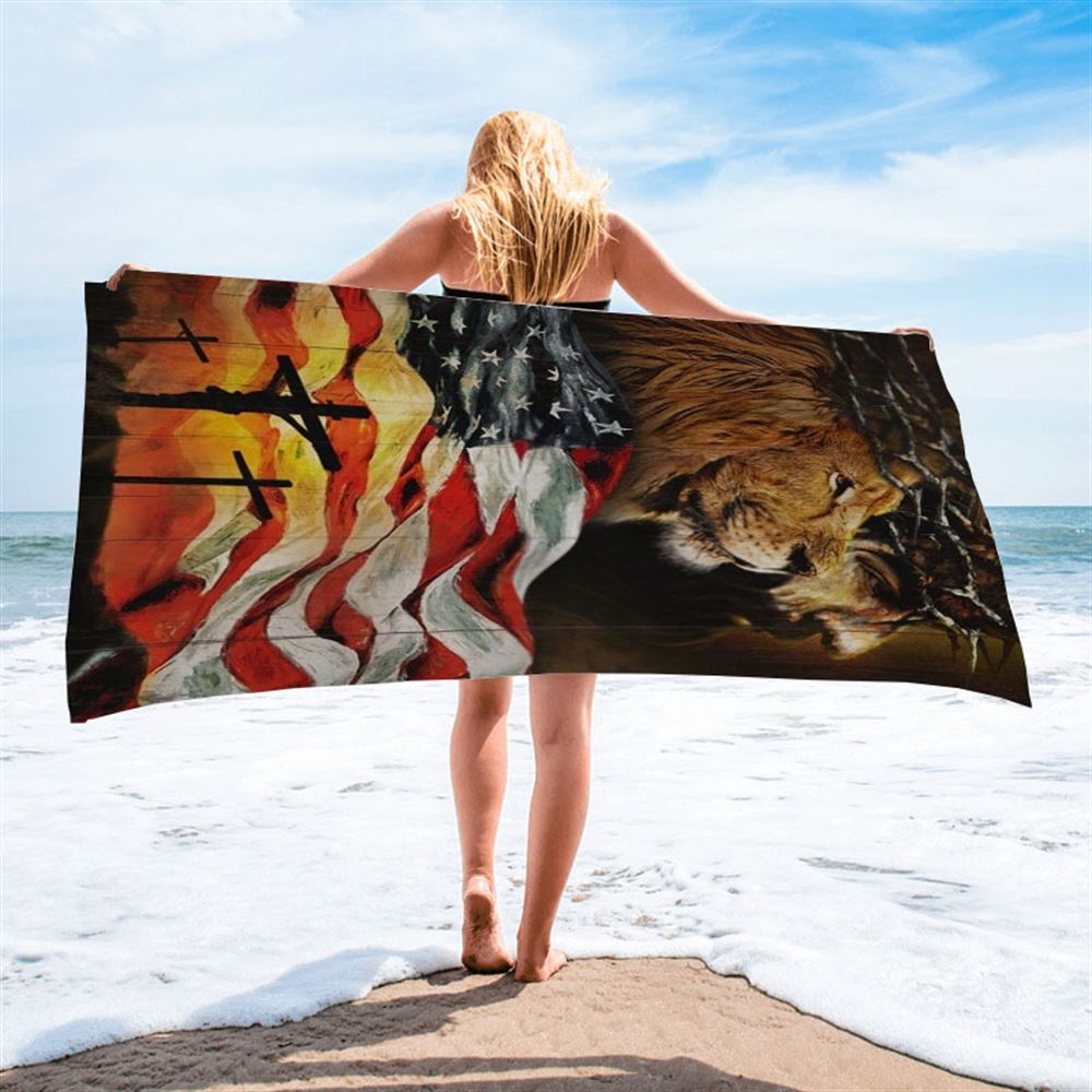 American Flag Jesus Christ The Lion Of Judah Beach Towel, Christian Beach Towel, Christian Gift, Gift For Women