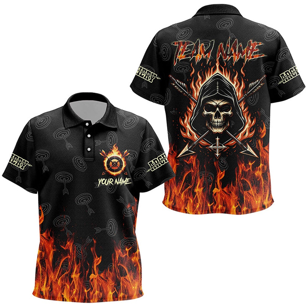 Archery Skull Fire Customized Target Pattern Polo Shirts, Archery Shirts Gifts For Archer, Archery Team Shirts, Custom Archery Shirts