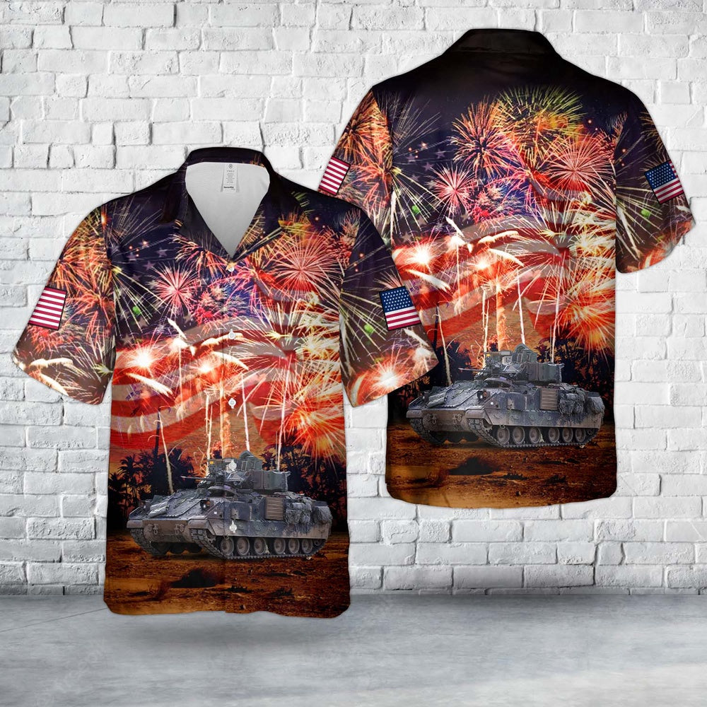 Army Hawaiian Shirt, US Army M1128 Mobile Gun System Of Palehorse Troop, 4th Squadron, 2nd Cavalry Regiment, 4th Of July Hawaiian Shirt