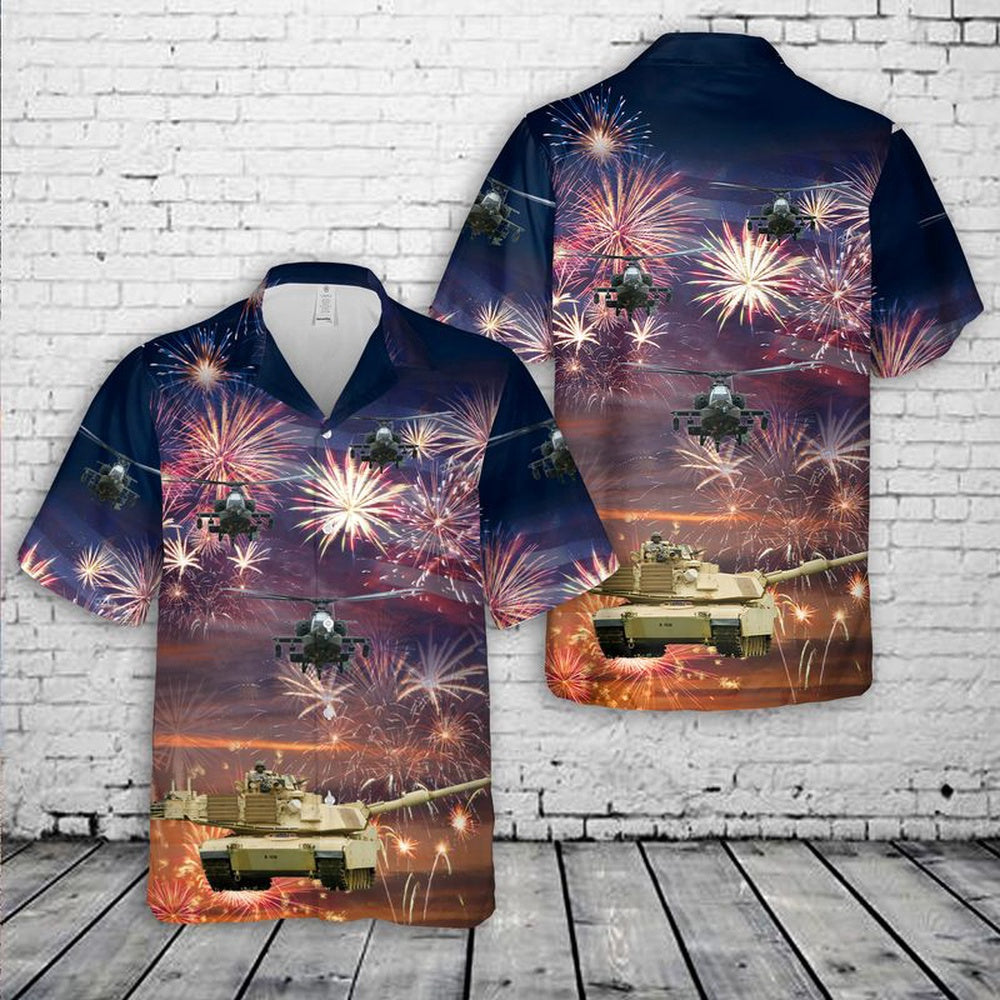 Army Hawaiian Shirt, US Army M1 Abrams Main Battle Tank and a AH-64 Attack helicopter Firework Hawaiian Shirt, Veteran Hawaiian Shirts