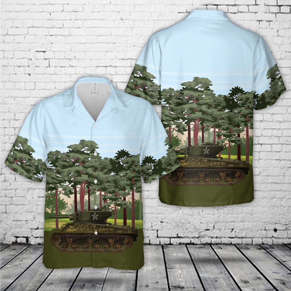 Army Hawaiian Shirt, Us Army 4Th Armored Division M4A3E2 Jumbo Cobra King With The First In Bastogne Inscription Hawaiian Shirt, Military Aloha Shirts