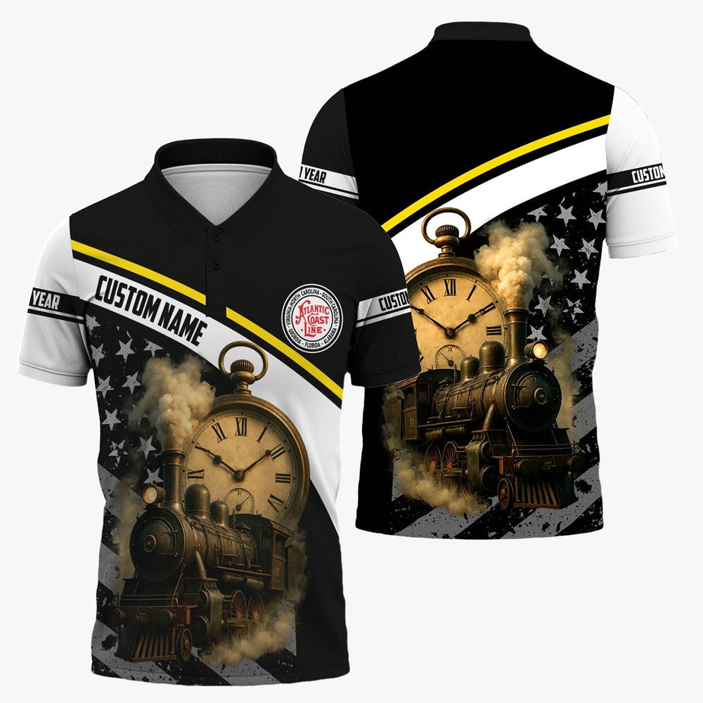 Atlantic Coast Line Railroad Polo Shirt, Classic Steam Engine With Retro Pocket Watch Polo Shirt
