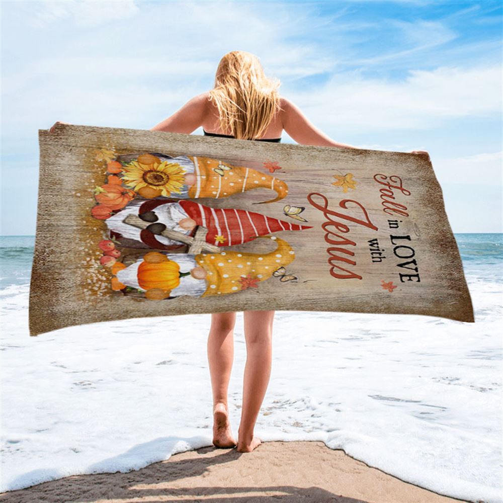 Autumn Gnome Wooden Cross Sunflower Butterfly - Fall In Love With Jesus Beach Towel - Christian Beach Towel