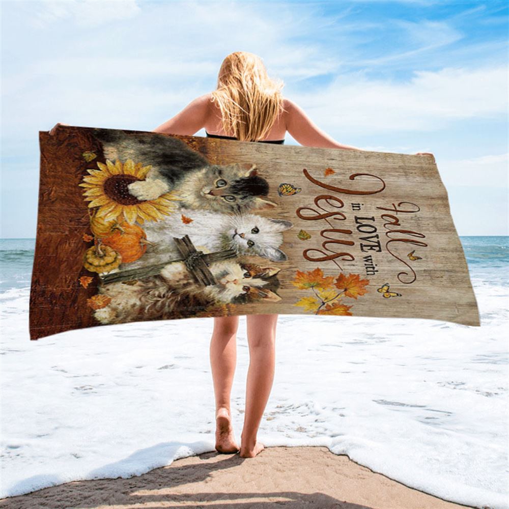 Autumn Season Cute Kittens Pumpkin Cat Painting Beach Towel - Fall In Love With Jesus Beach Towel - Christian Beach Towel