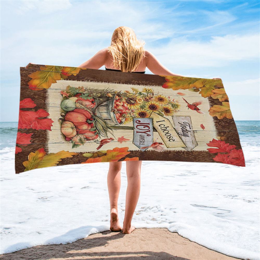 Autumn Season Red Cardinal Pumpkin Sunflower Beach Towel - Today I Choose Joy Beach Towel - Christian Beach Towel